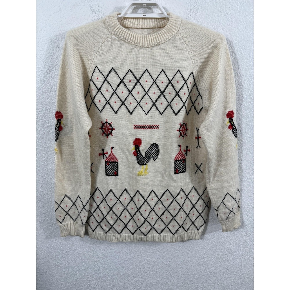 Vintage Rooster Farmhouse Sweater Mens Medium Cream Knit Crewneck Argyle Graphic